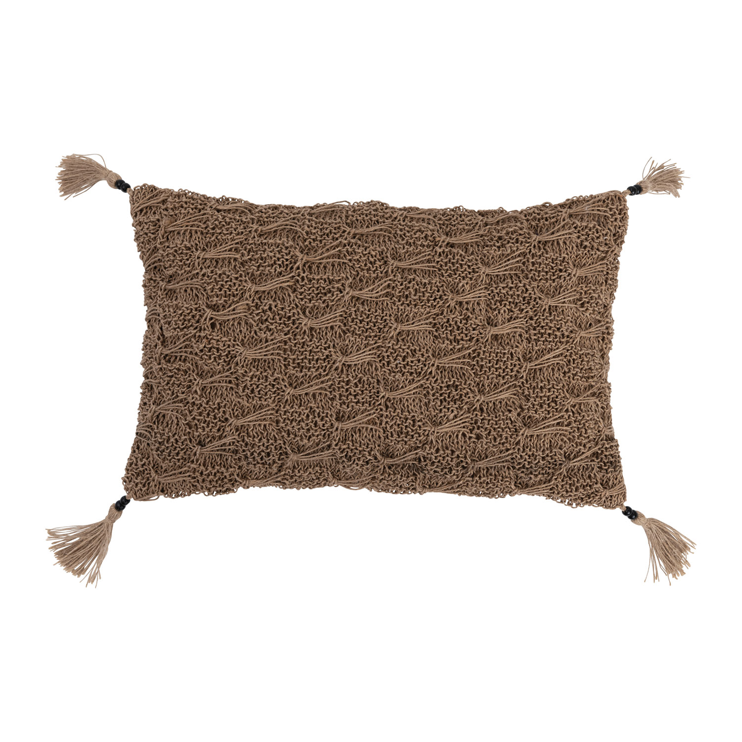 Hand Woven Cotton and Jute Macrame Lumbar Pillow with Jute Tassels and Mango Wood Beads